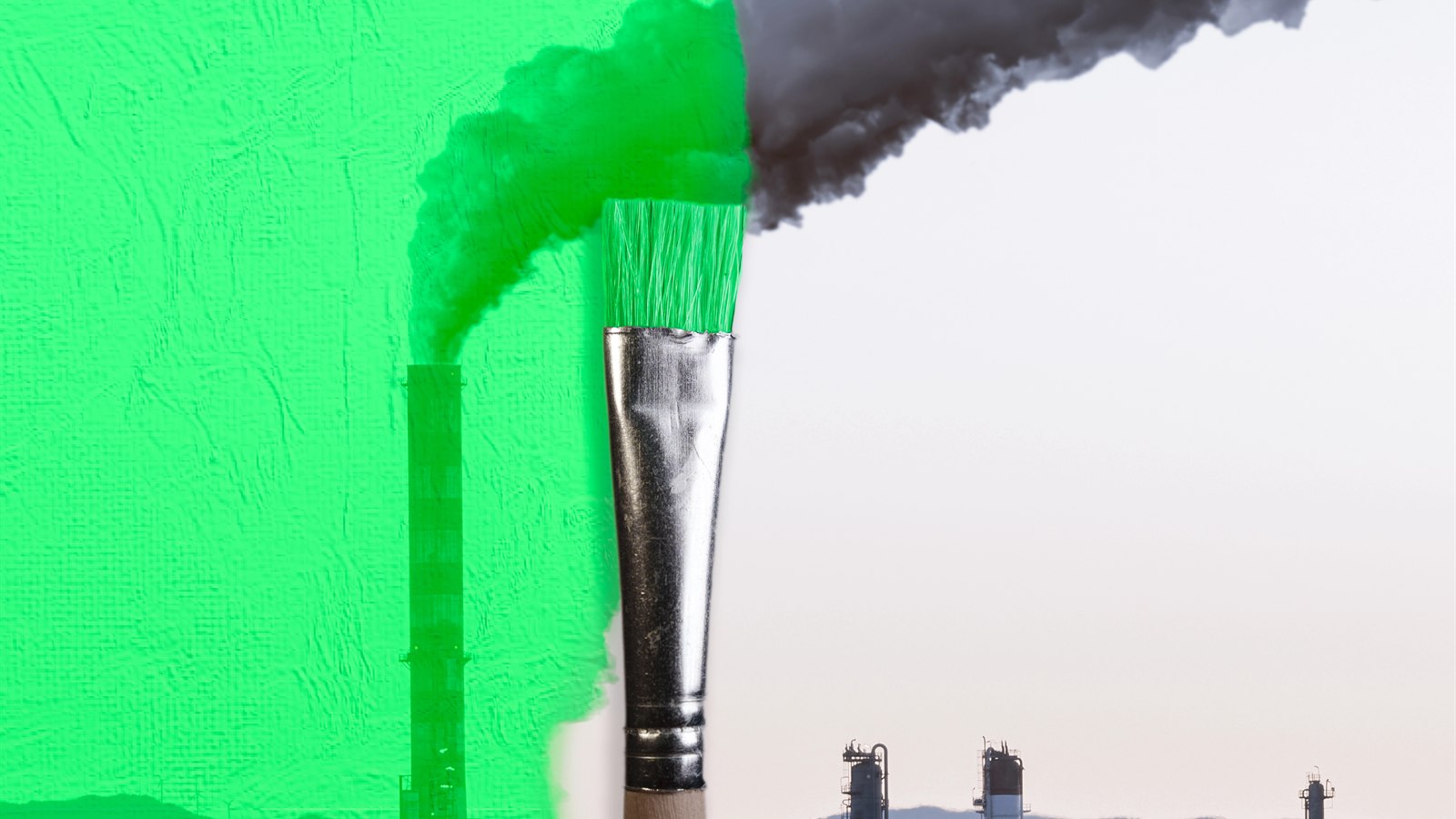 Greenwashing: Ein Pinsel streicht grüne Farbe über den Rauch eines Industrieschornsteins